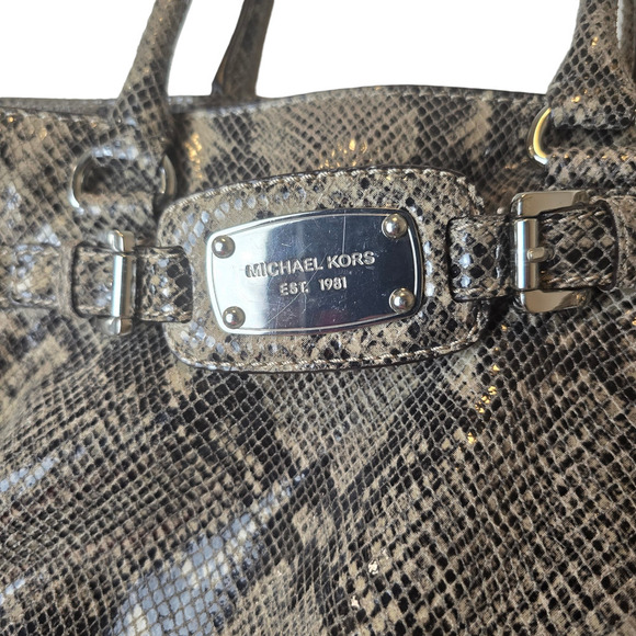 Michael Kors brown snake skin print leather Hamilton satchel/crossbody silver - Picture 2 of 9
